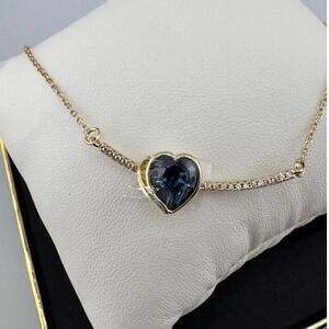 Gold Tone Navy Blue Heart Crystal Pavé Bar Pendant Necklace Adjustable Chain